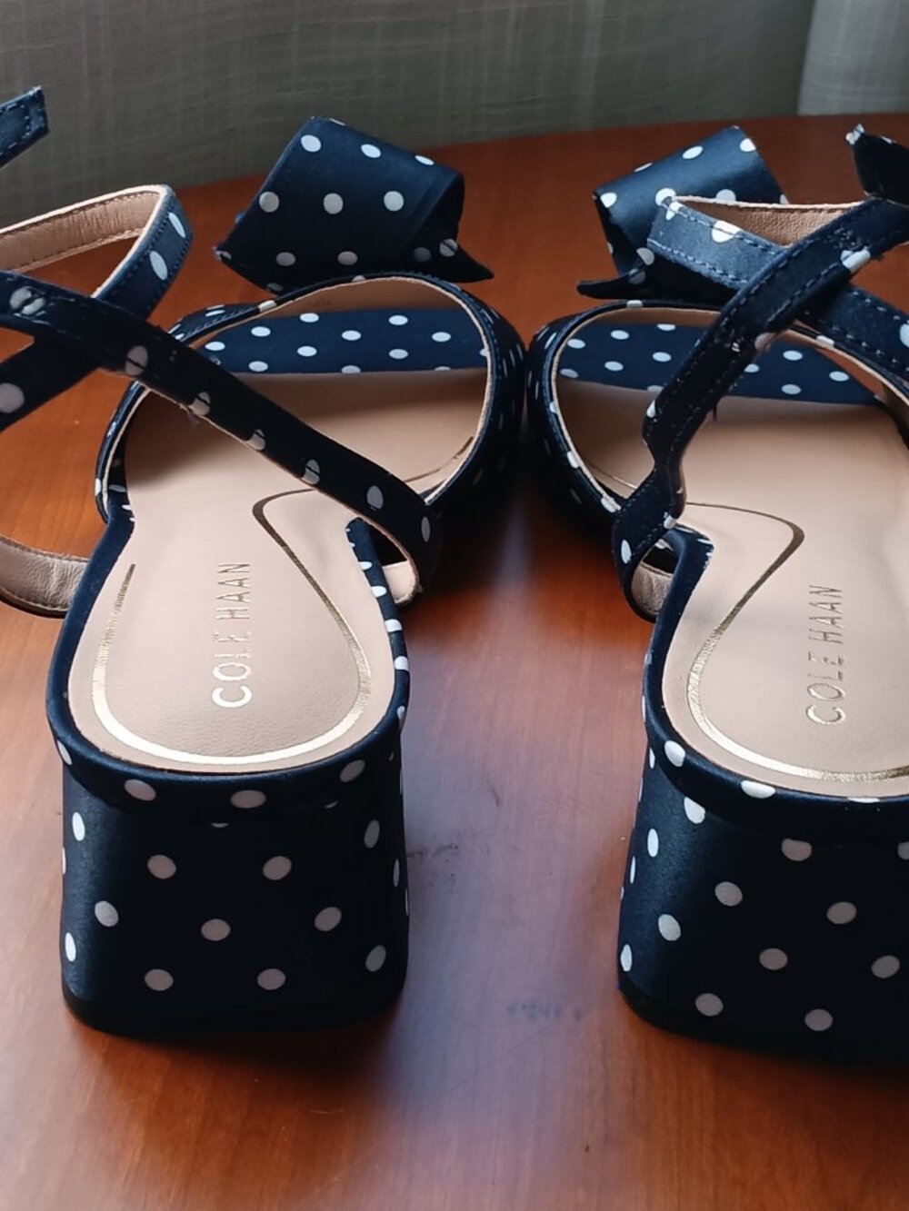 NWT Cole Haan Florette Navy & White Polka Dot Ankle Strap Block Heel Sandal - Picture 9 of 9